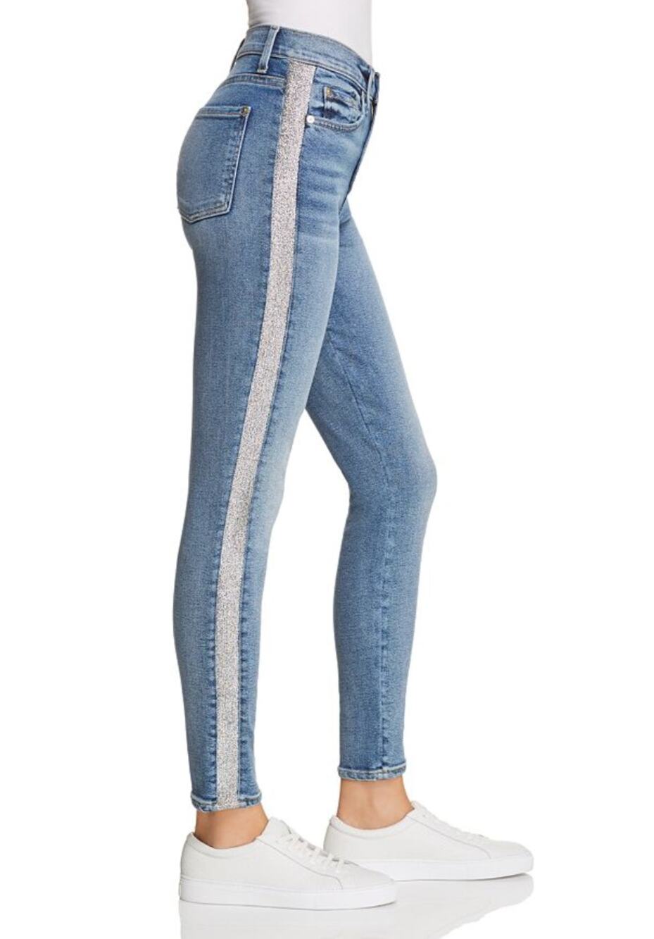 7 For All Mankind Blue Silver 25 Denim Jeans Shimmer Stripe High Rise Skinny Leg